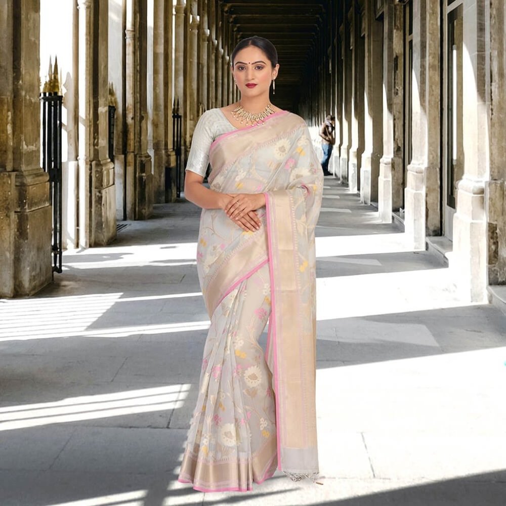 Banaras Kota Tilfi Jaal work Indian sari dress - Off White